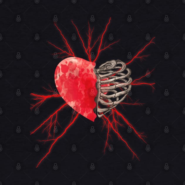 Skeleton rib heart, Broken, blood heart, watercolor design rib heart by Collagedream